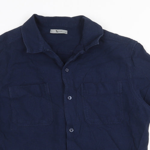 TU Mens Blue Cotton Button-Up Size M Collared Button