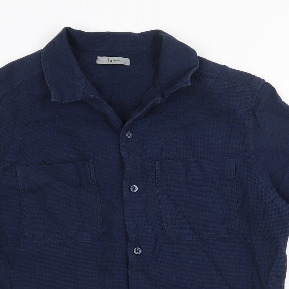TU Mens Blue Cotton Button-Up Size M Collared Button
