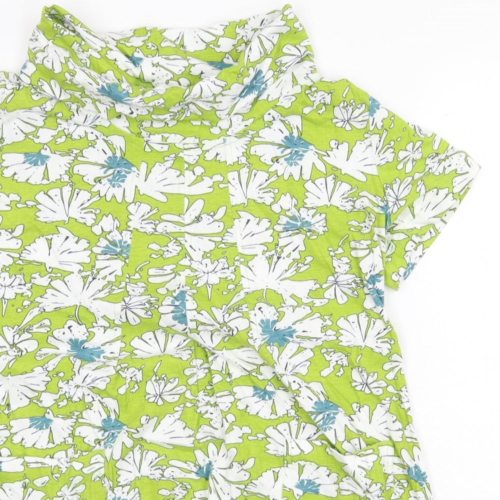 Tara Clothing Womens Green Floral 100% Cotton Tunic T-Shirt Size S Roll Neck