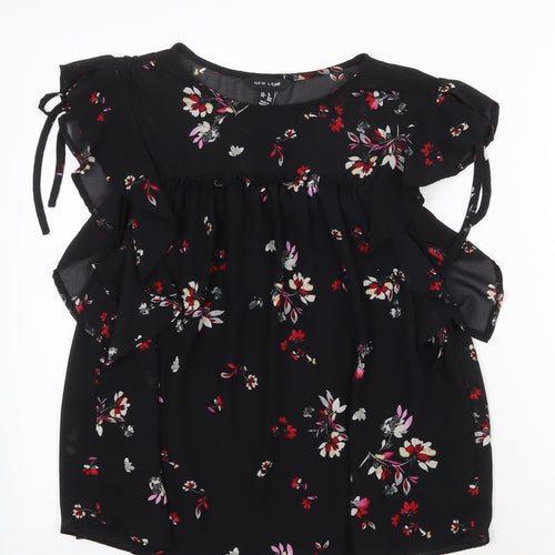 New Look Womens Black Floral Polyester Basic Blouse Size 8 Boat Neck - Tie Sleeve Detail