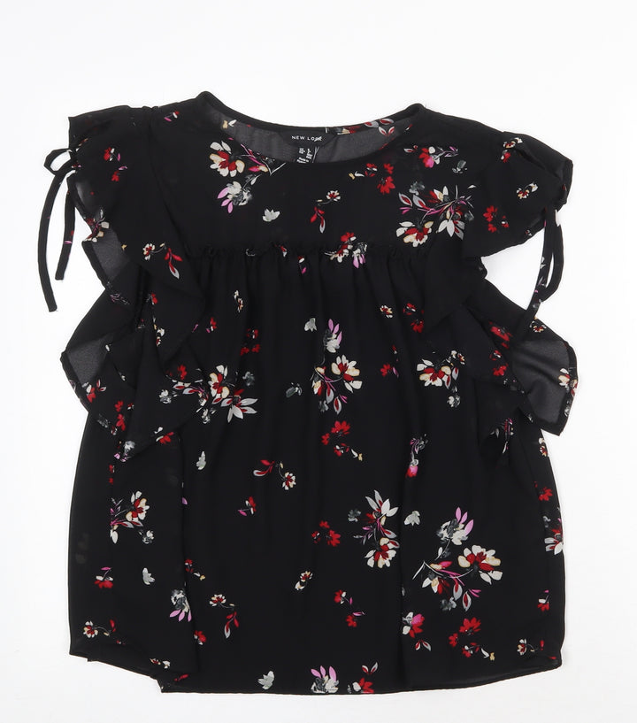 New Look Womens Black Floral Polyester Basic Blouse Size 8 Boat Neck - Tie Sleeve Detail