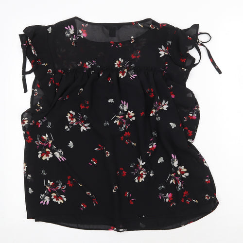 New Look Womens Black Floral Polyester Basic Blouse Size 8 Boat Neck - Tie Sleeve Detail