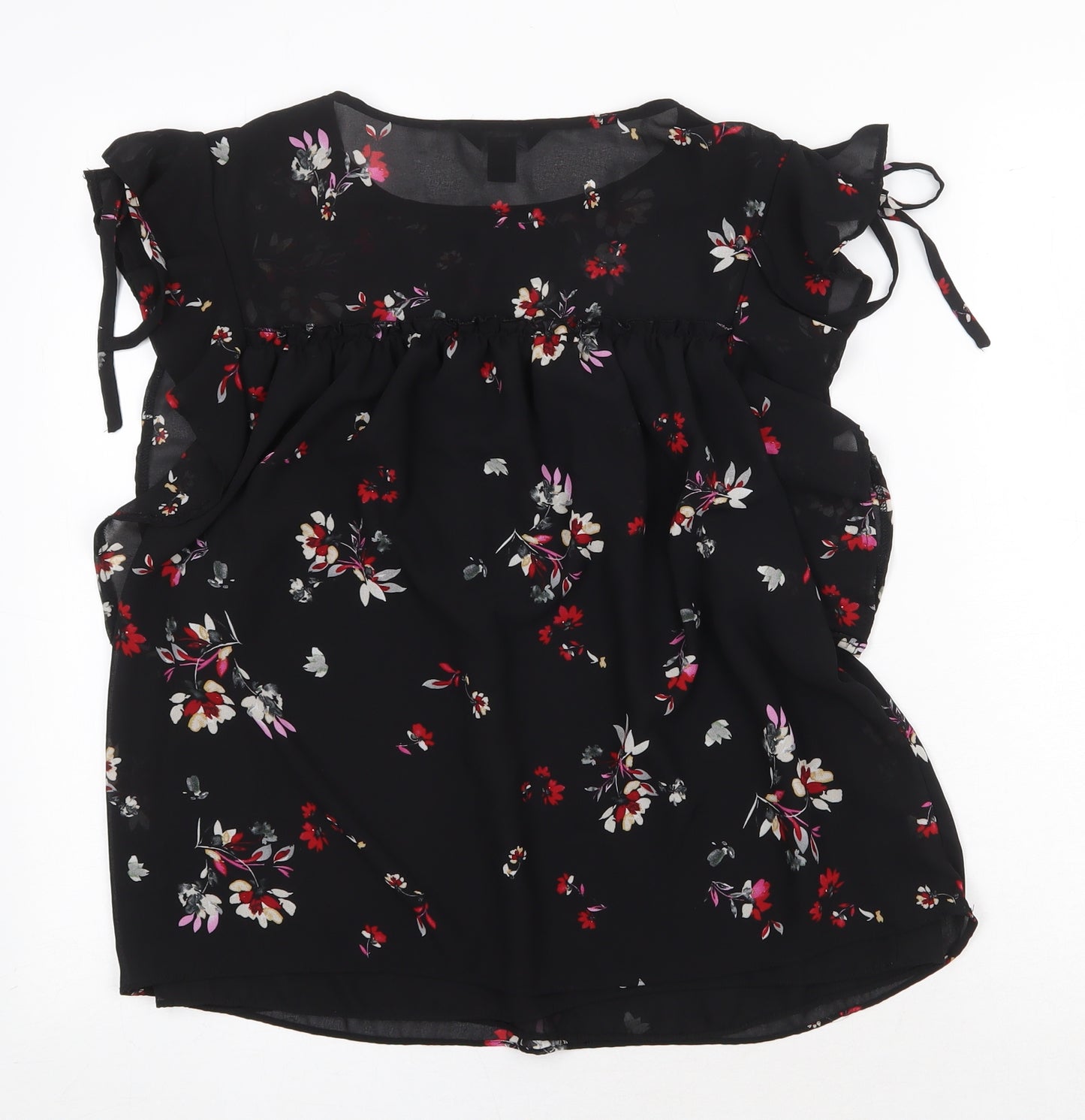 New Look Womens Black Floral Polyester Basic Blouse Size 8 Boat Neck - Tie Sleeve Detail