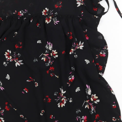 New Look Womens Black Floral Polyester Basic Blouse Size 8 Boat Neck - Tie Sleeve Detail