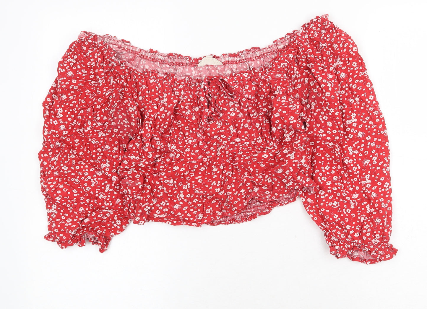 Beyond Words Womens Red Floral Viscose Cropped Blouse Size M Off the Shoulder - Bardot