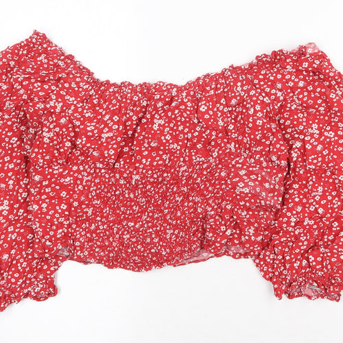 Beyond Words Womens Red Floral Viscose Cropped Blouse Size M Off the Shoulder - Bardot