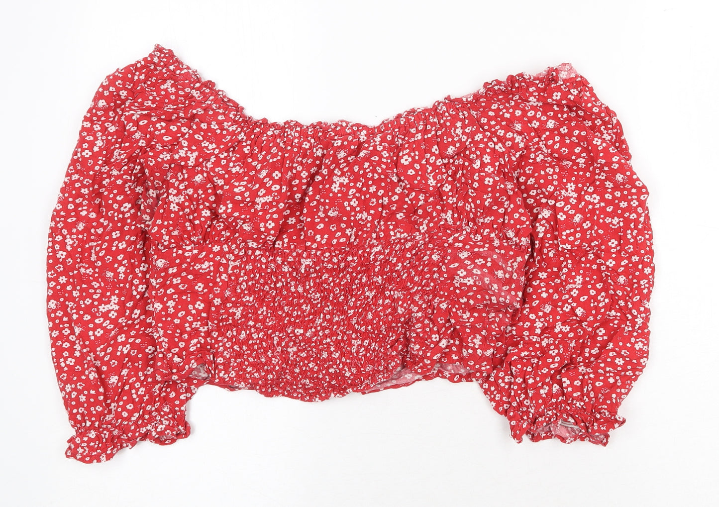 Beyond Words Womens Red Floral Viscose Cropped Blouse Size M Off the Shoulder - Bardot