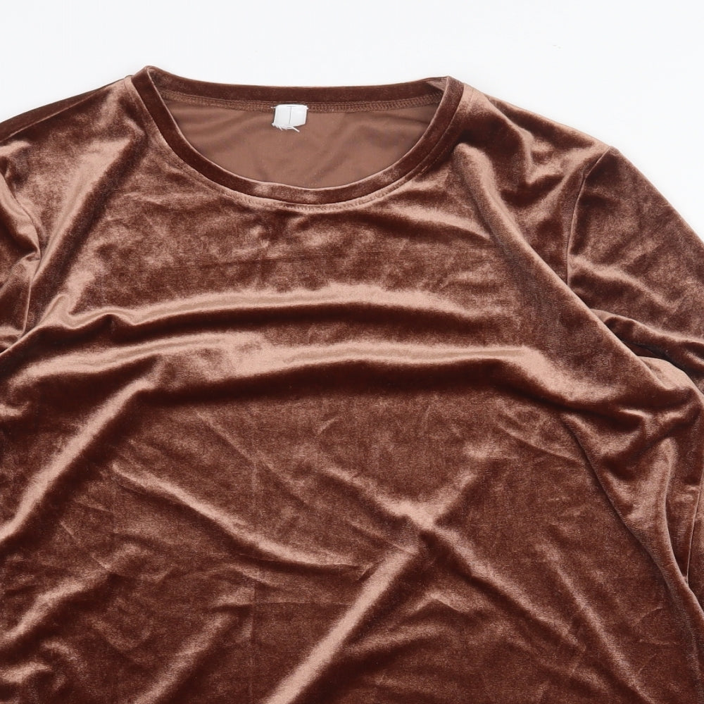 Preworn Womens Brown Polyester Basic Blouse Size L Round Neck