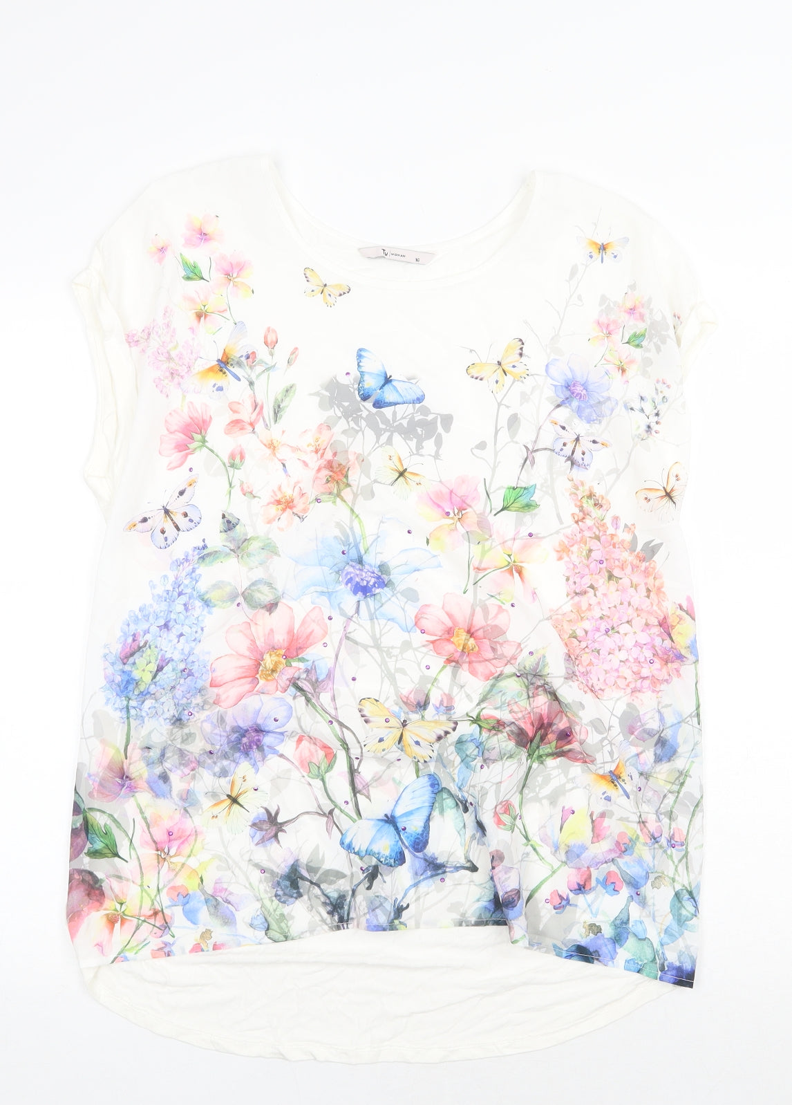 TU Womens White Floral Viscose Basic T-Shirt Size 16 Scoop Neck - Butterfly