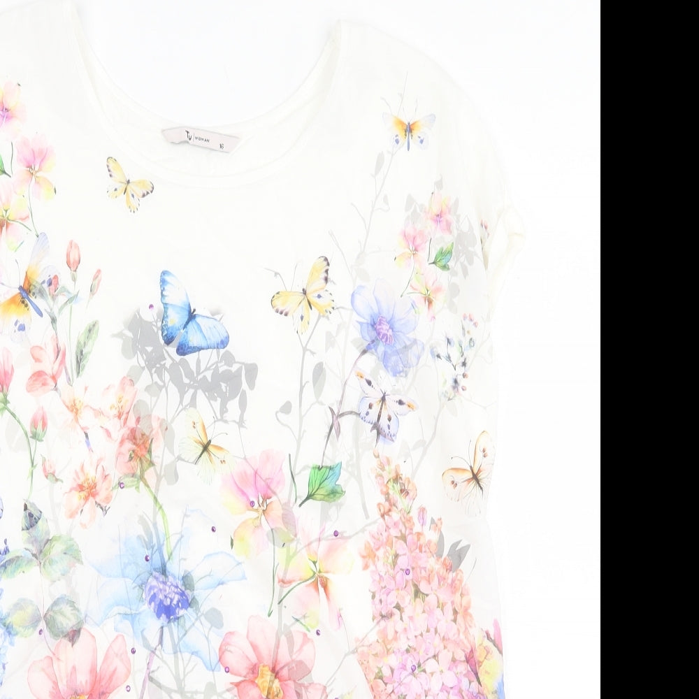 TU Womens White Floral Viscose Basic T-Shirt Size 16 Scoop Neck - Butterfly