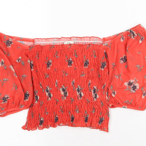 River Island Womens Red Floral Polyester Cropped Blouse Size 6 Off the Shoulder - Shirred Bardot