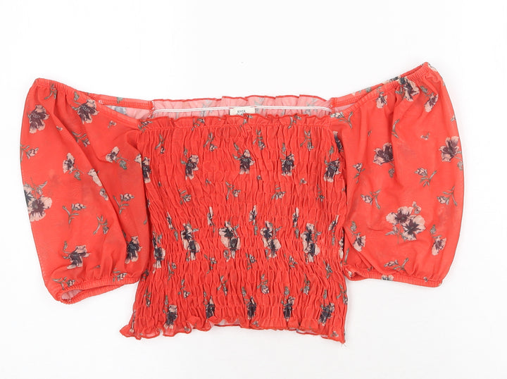 River Island Womens Red Floral Polyester Cropped Blouse Size 6 Off the Shoulder - Shirred Bardot