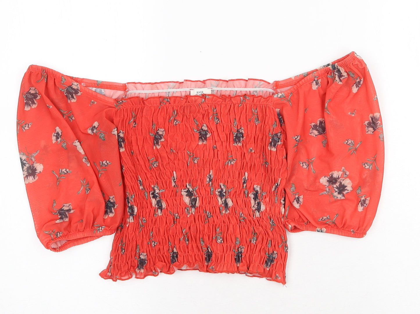 River Island Womens Red Floral Polyester Cropped Blouse Size 6 Off the Shoulder - Shirred Bardot