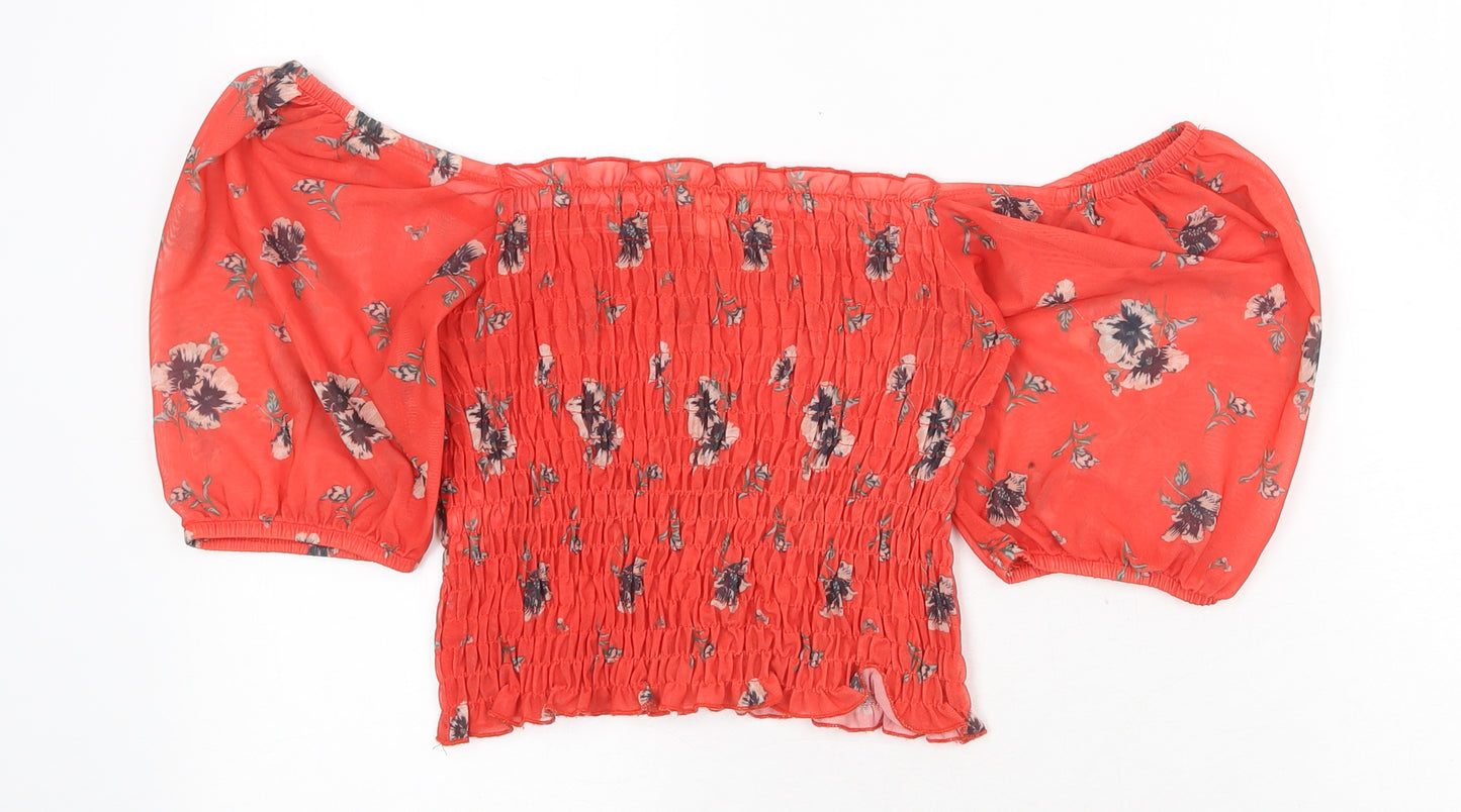 River Island Womens Red Floral Polyester Cropped Blouse Size 6 Off the Shoulder - Shirred Bardot