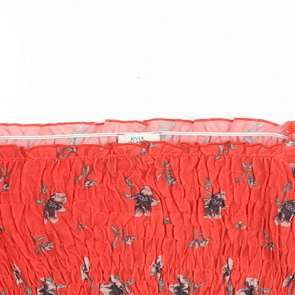 River Island Womens Red Floral Polyester Cropped Blouse Size 6 Off the Shoulder - Shirred Bardot