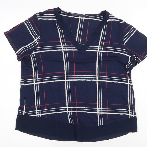 Marks and Spencer Womens Blue Plaid Viscose Basic T-Shirt Size 12 V-Neck - Chiffon Hem
