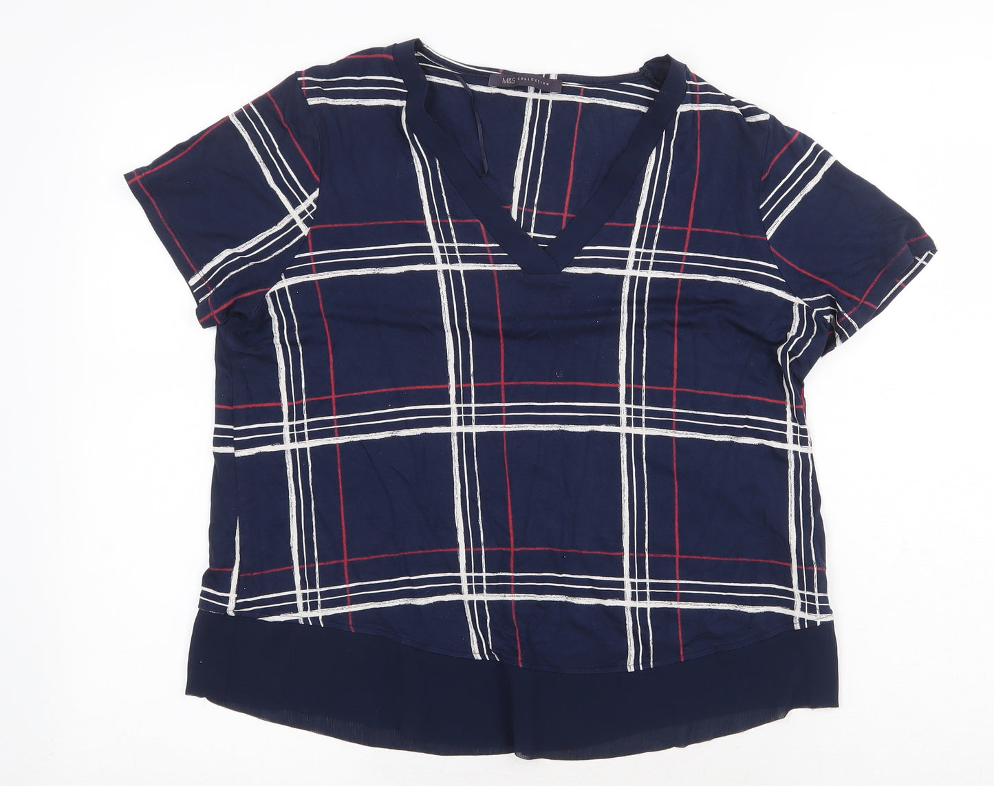 Marks and Spencer Womens Blue Plaid Viscose Basic T-Shirt Size 12 V-Neck - Chiffon Hem