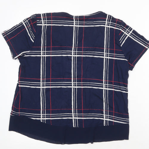 Marks and Spencer Womens Blue Plaid Viscose Basic T-Shirt Size 12 V-Neck - Chiffon Hem