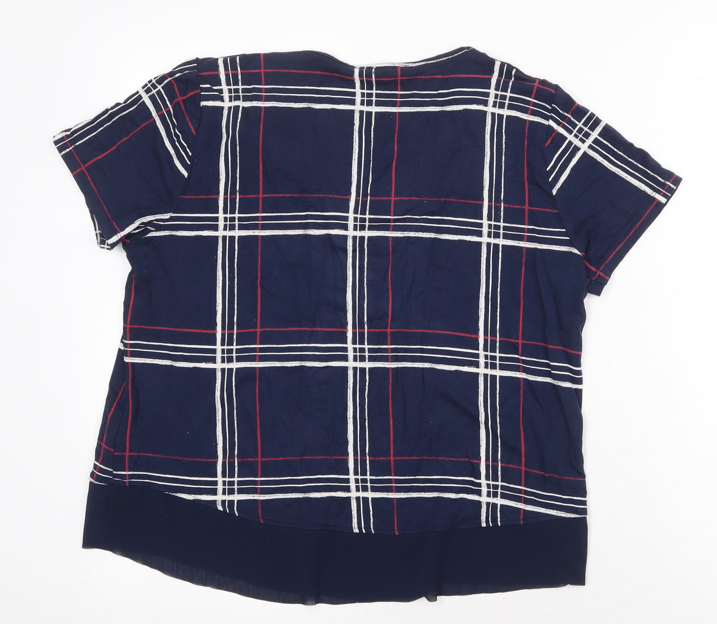 Marks and Spencer Womens Blue Plaid Viscose Basic T-Shirt Size 12 V-Neck - Chiffon Hem