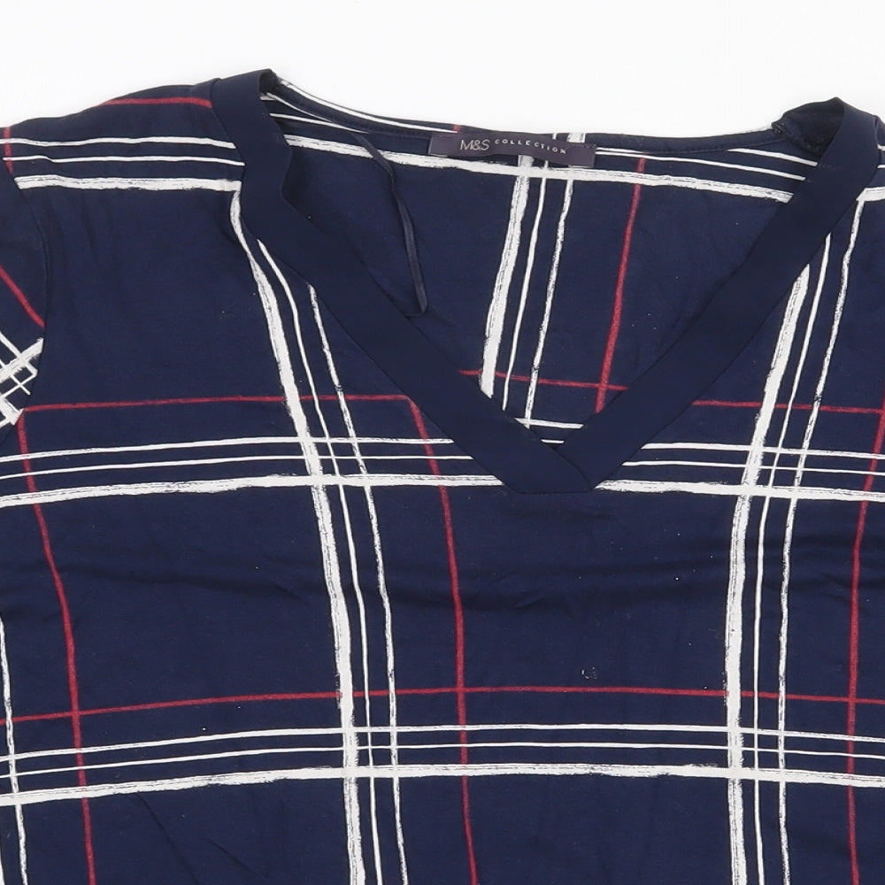 Marks and Spencer Womens Blue Plaid Viscose Basic T-Shirt Size 12 V-Neck - Chiffon Hem