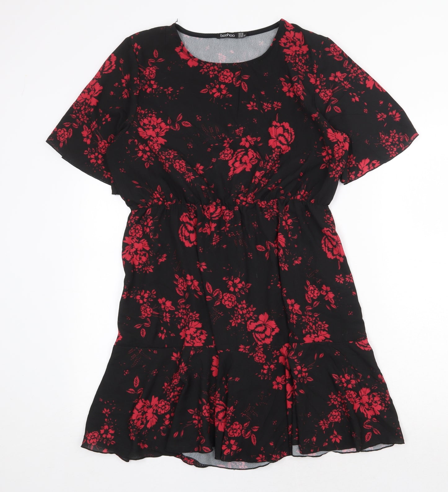 Boohoo Womens Black Floral Polyester Skater Dress Size 16 Boat Neck Pullover
