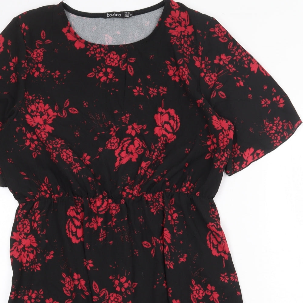 Boohoo Womens Black Floral Polyester Skater Dress Size 16 Boat Neck Pullover
