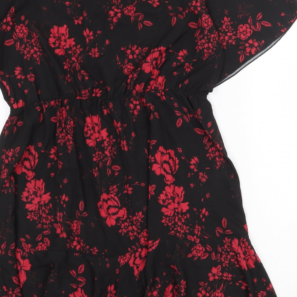 Boohoo Womens Black Floral Polyester Skater Dress Size 16 Boat Neck Pullover
