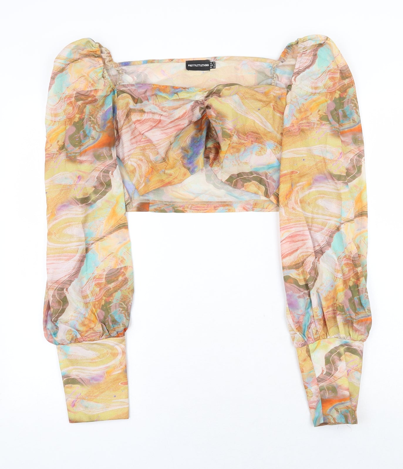 PRETTYLITTLETHING Womens Multicoloured Geometric Polyester Cropped Blouse Size 10 Square Neck - Marble Print