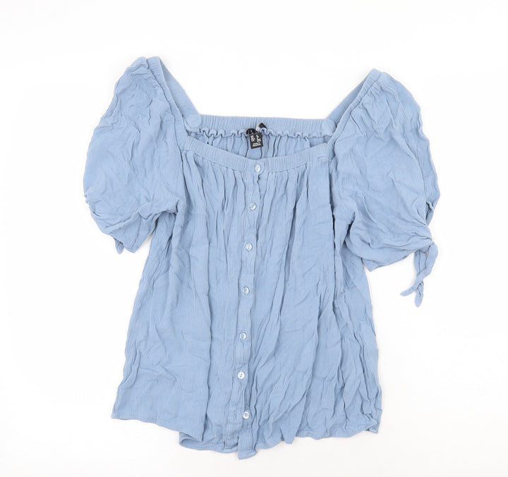 New Look Womens Blue Viscose Basic Blouse Size 8 Square Neck - Tie Sleeve Detail