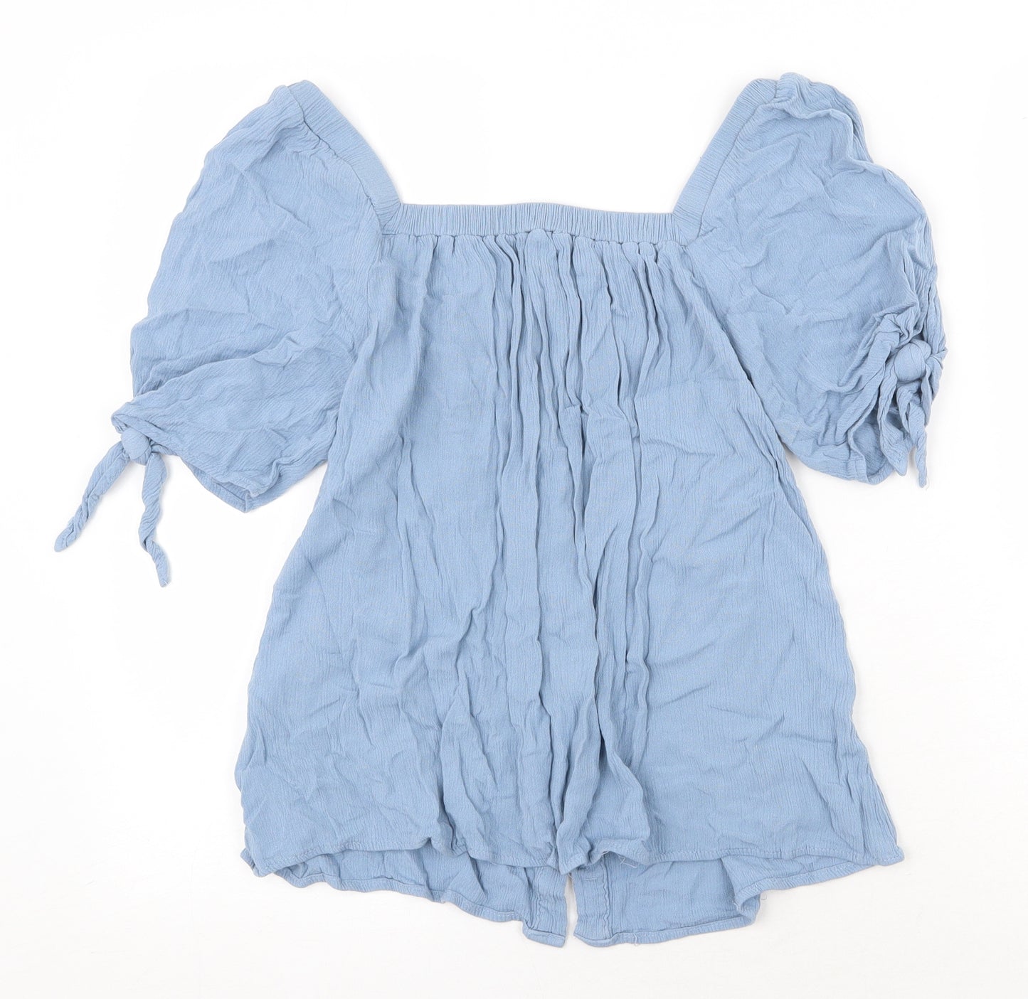 New Look Womens Blue Viscose Basic Blouse Size 8 Square Neck - Tie Sleeve Detail