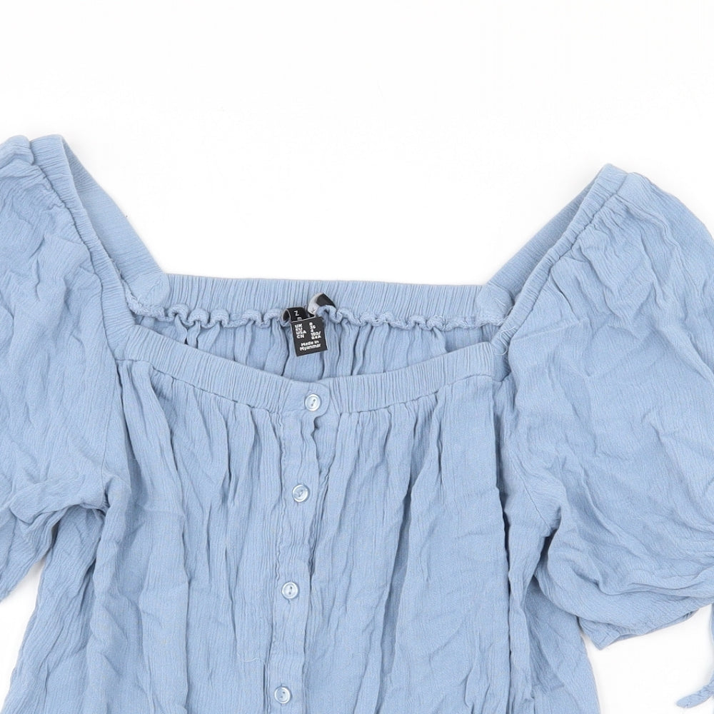 New Look Womens Blue Viscose Basic Blouse Size 8 Square Neck - Tie Sleeve Detail