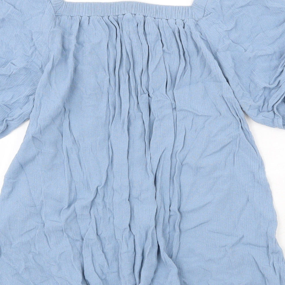 New Look Womens Blue Viscose Basic Blouse Size 8 Square Neck - Tie Sleeve Detail