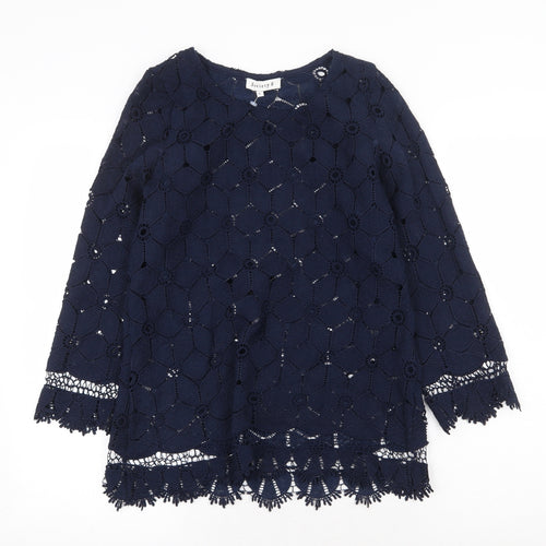 Society Eight Womens Blue Geometric Polyester Basic Blouse Size 8 Round Neck - Lace detail