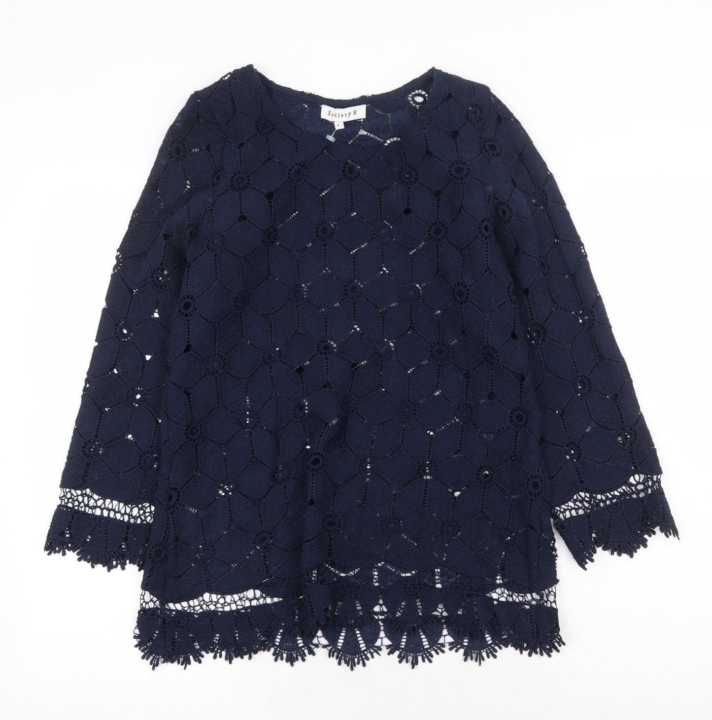 Society Eight Womens Blue Geometric Polyester Basic Blouse Size 8 Round Neck - Lace detail