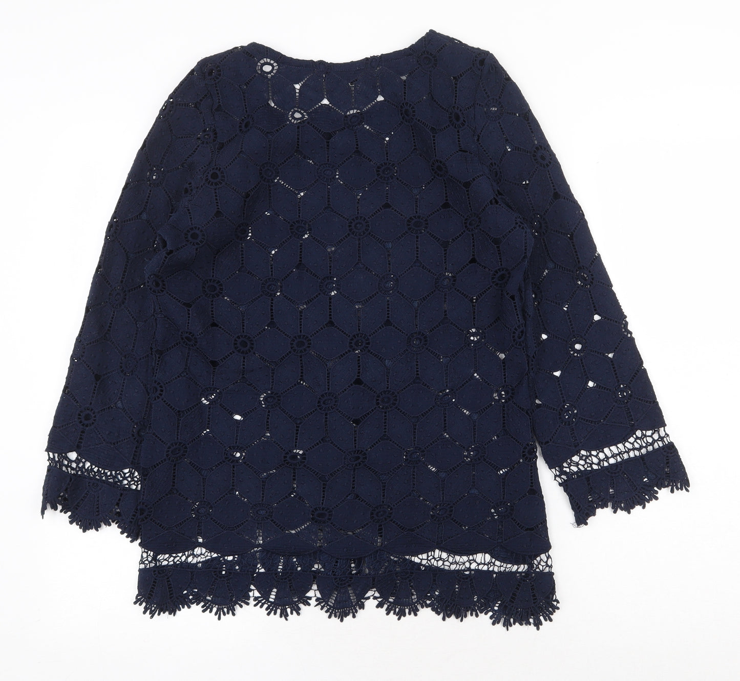 Society Eight Womens Blue Geometric Polyester Basic Blouse Size 8 Round Neck - Lace detail