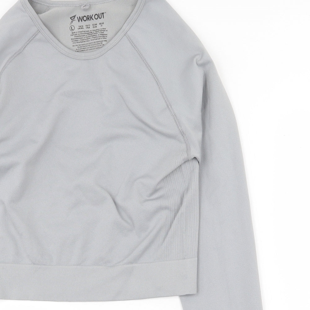 Workout Womens Grey Polyester Cropped T-Shirt Size L Round Neck