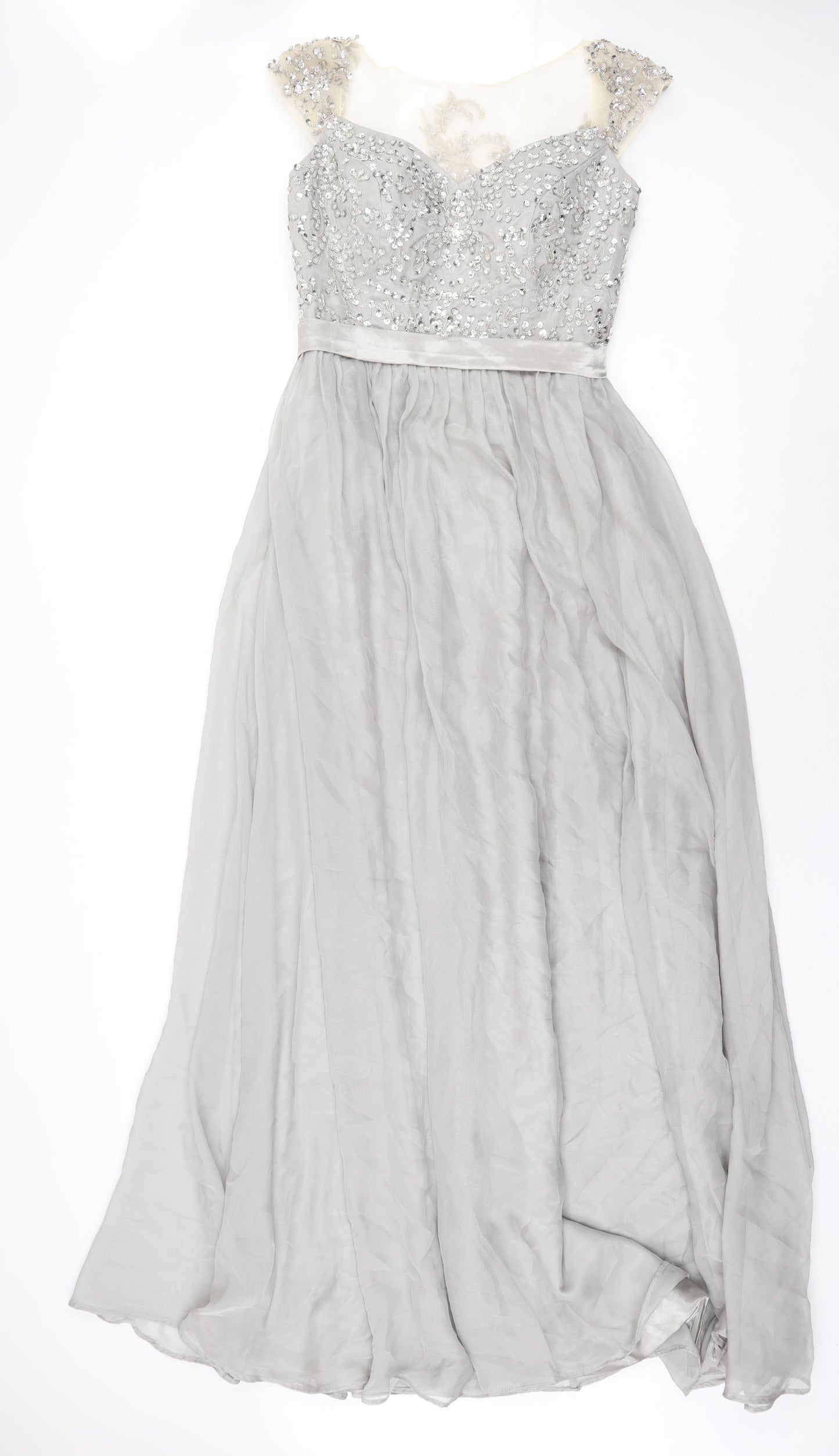 Preworn Womens Grey Polyester Ball Gown Size 10 Square Neck Zip