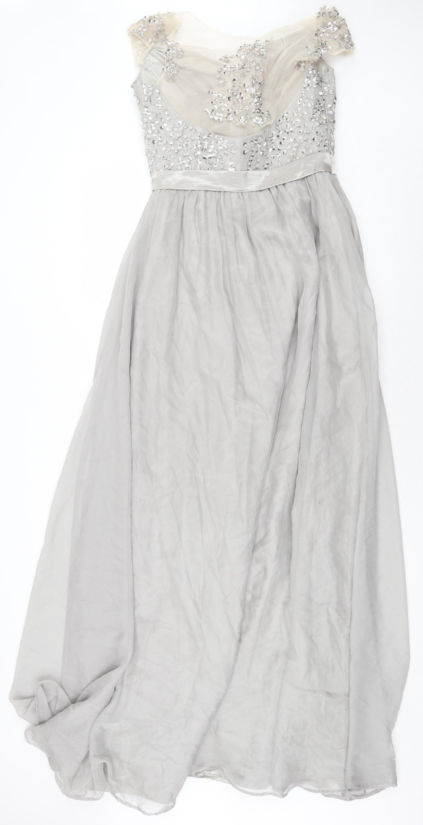 Preworn Womens Grey Polyester Ball Gown Size 10 Square Neck Zip