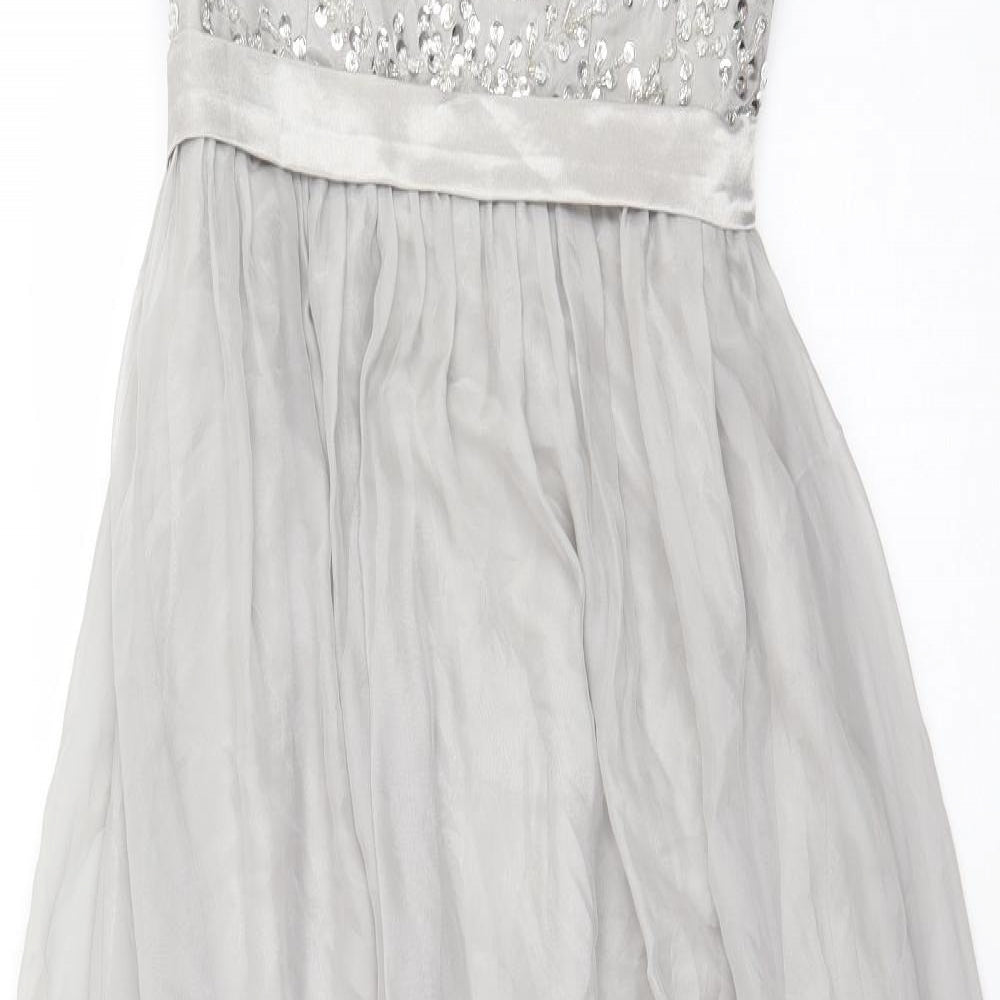 Preworn Womens Grey Polyester Ball Gown Size 10 Square Neck Zip