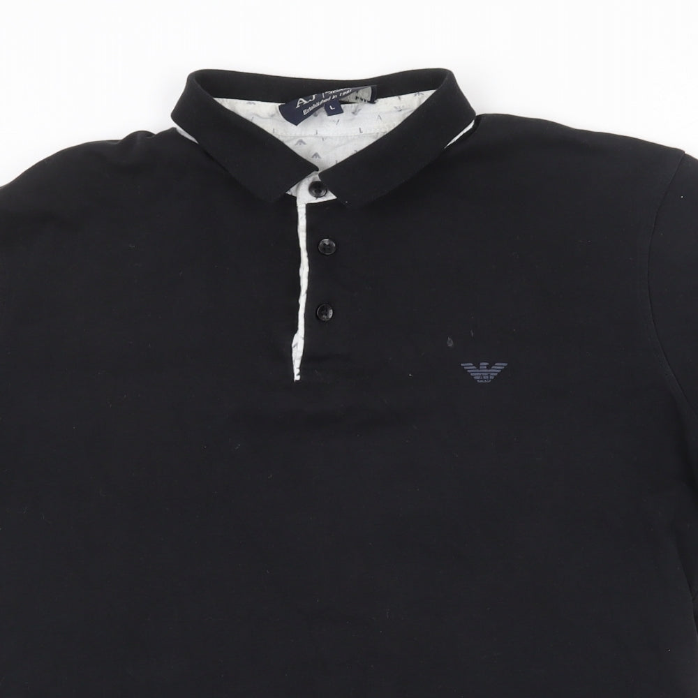 Armani Jeans Mens Black Cotton Polo Size L Collared Button