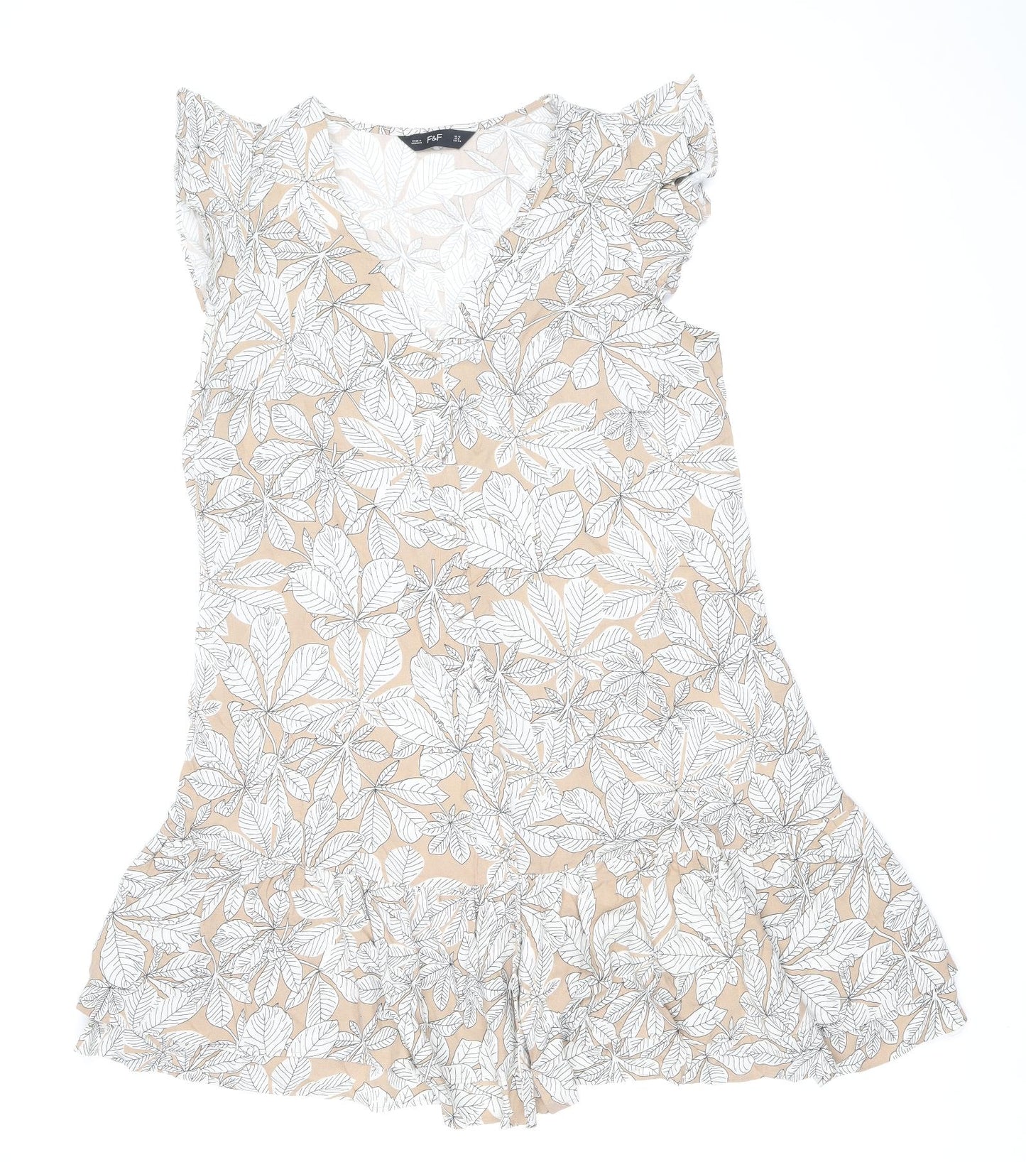F&F Womens Beige Floral Viscose A-Line Size 12 V-Neck Pullover