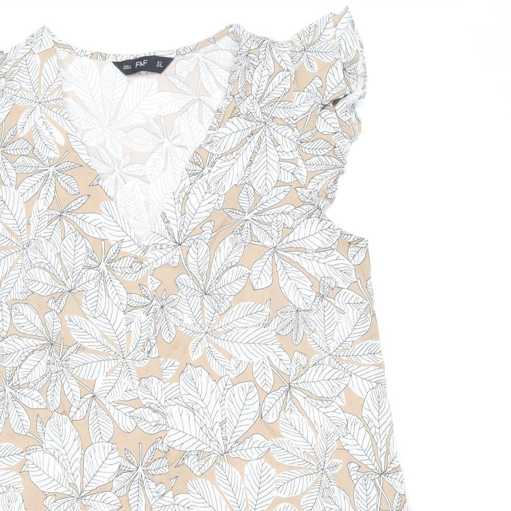 F&F Womens Beige Floral Viscose A-Line Size 12 V-Neck Pullover