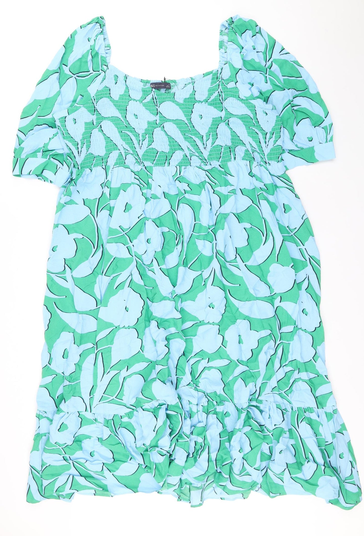 Marks and Spencer Womens Blue Floral Viscose Shift Size 24 Square Neck Pullover - Shirred Top