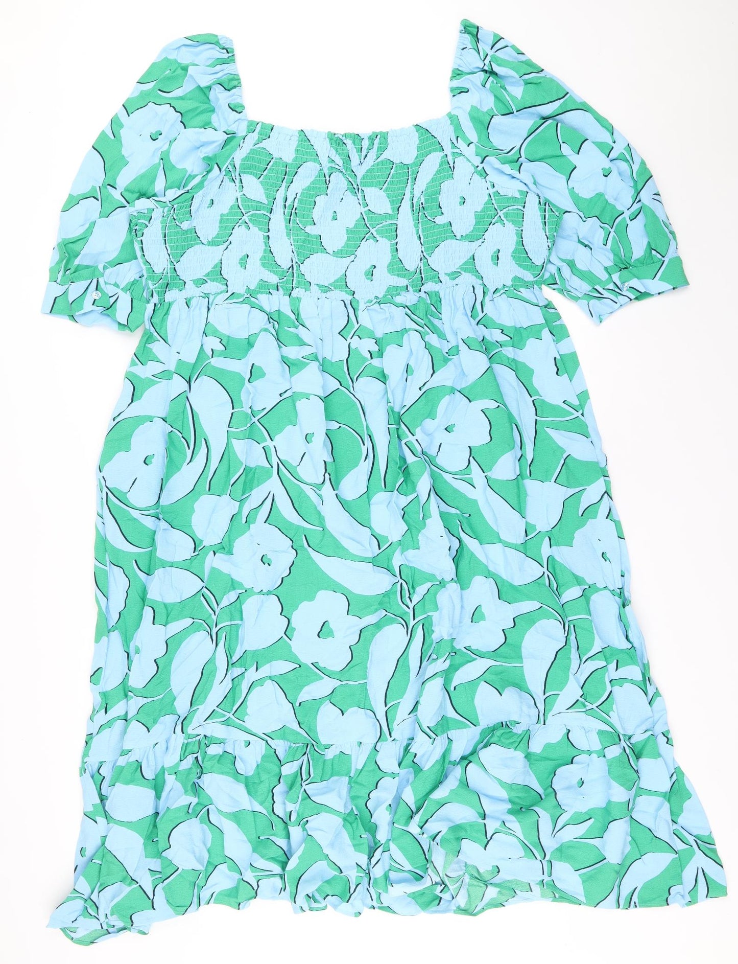 Marks and Spencer Womens Blue Floral Viscose Shift Size 24 Square Neck Pullover - Shirred Top