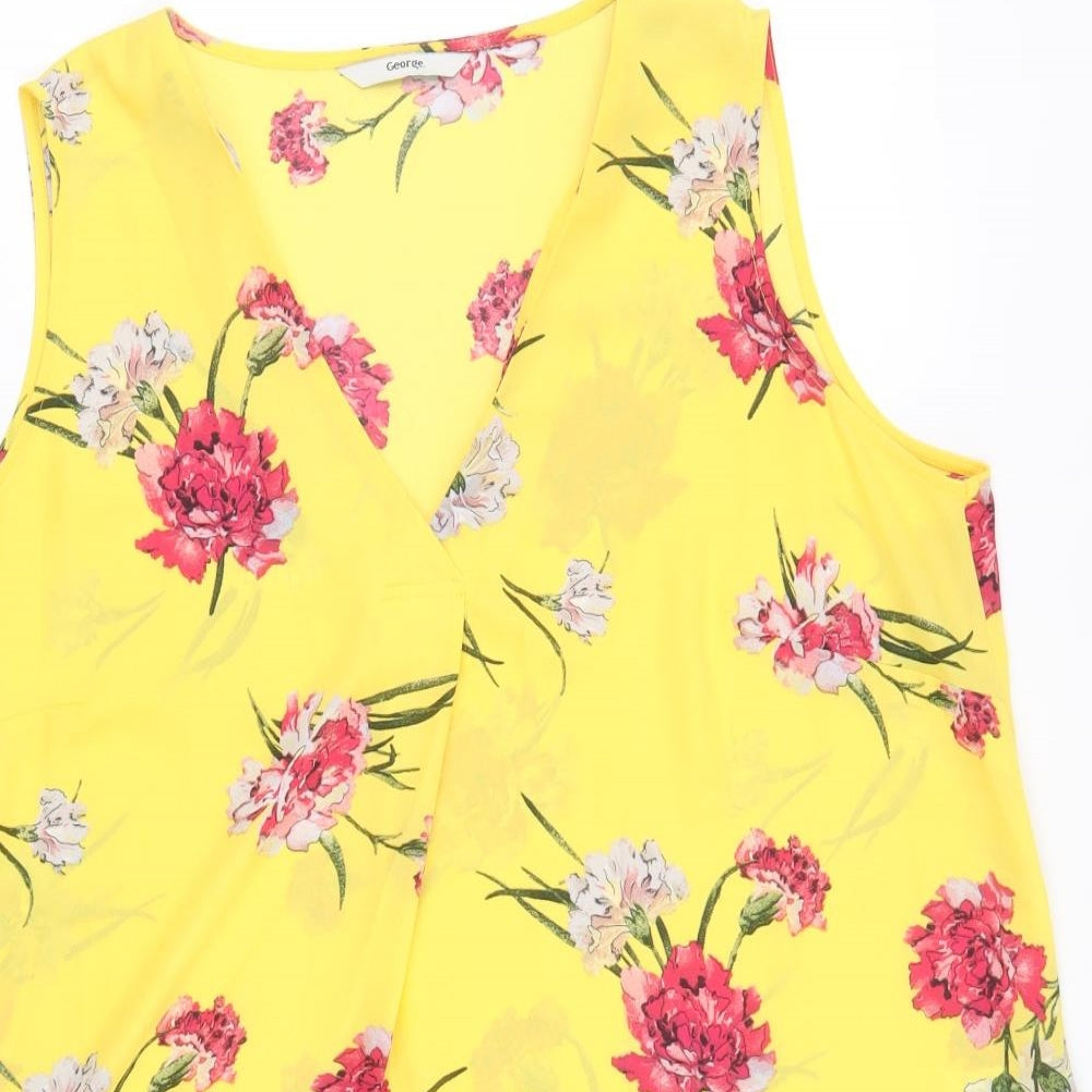 George Womens Yellow Floral Polyester Basic Blouse Size 14 V-Neck