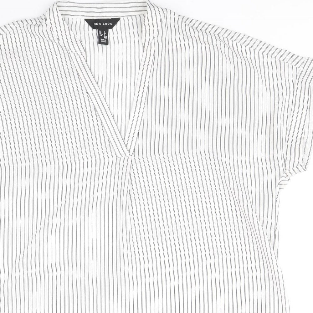 New Look Womens Grey Striped Polyester Basic Blouse Size 10 V-Neck