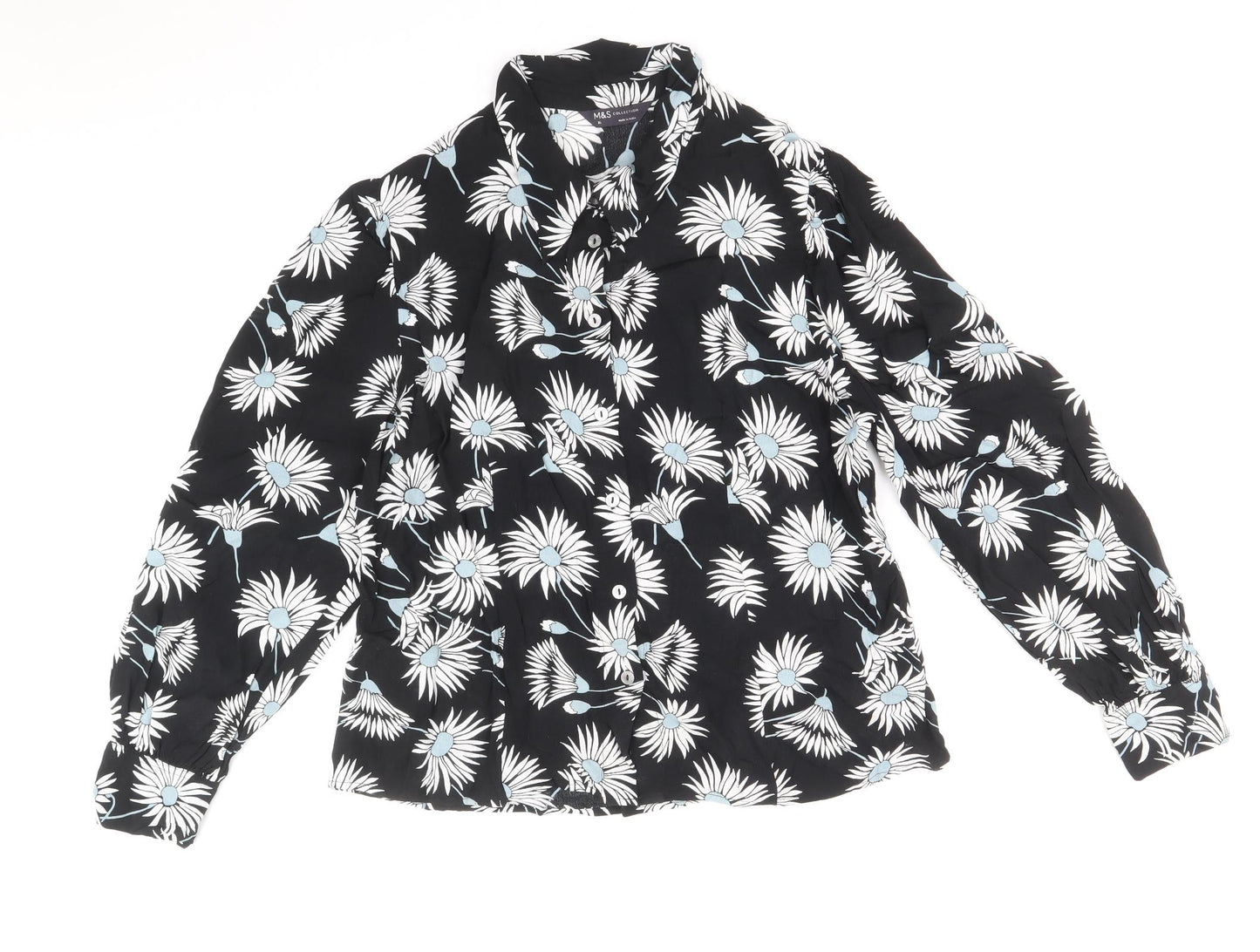Marks and Spencer Womens Black Floral Viscose Basic Button-Up Size 16 Collared