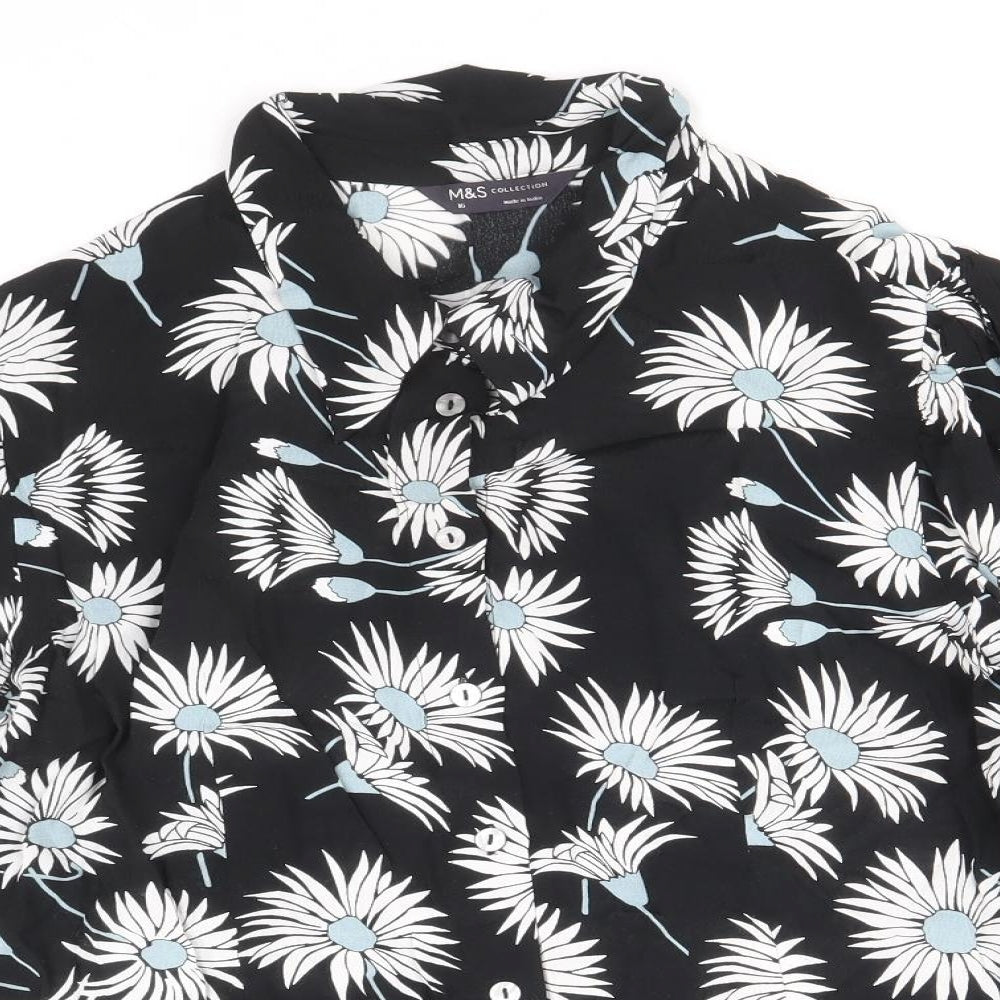 Marks and Spencer Womens Black Floral Viscose Basic Button-Up Size 16 Collared