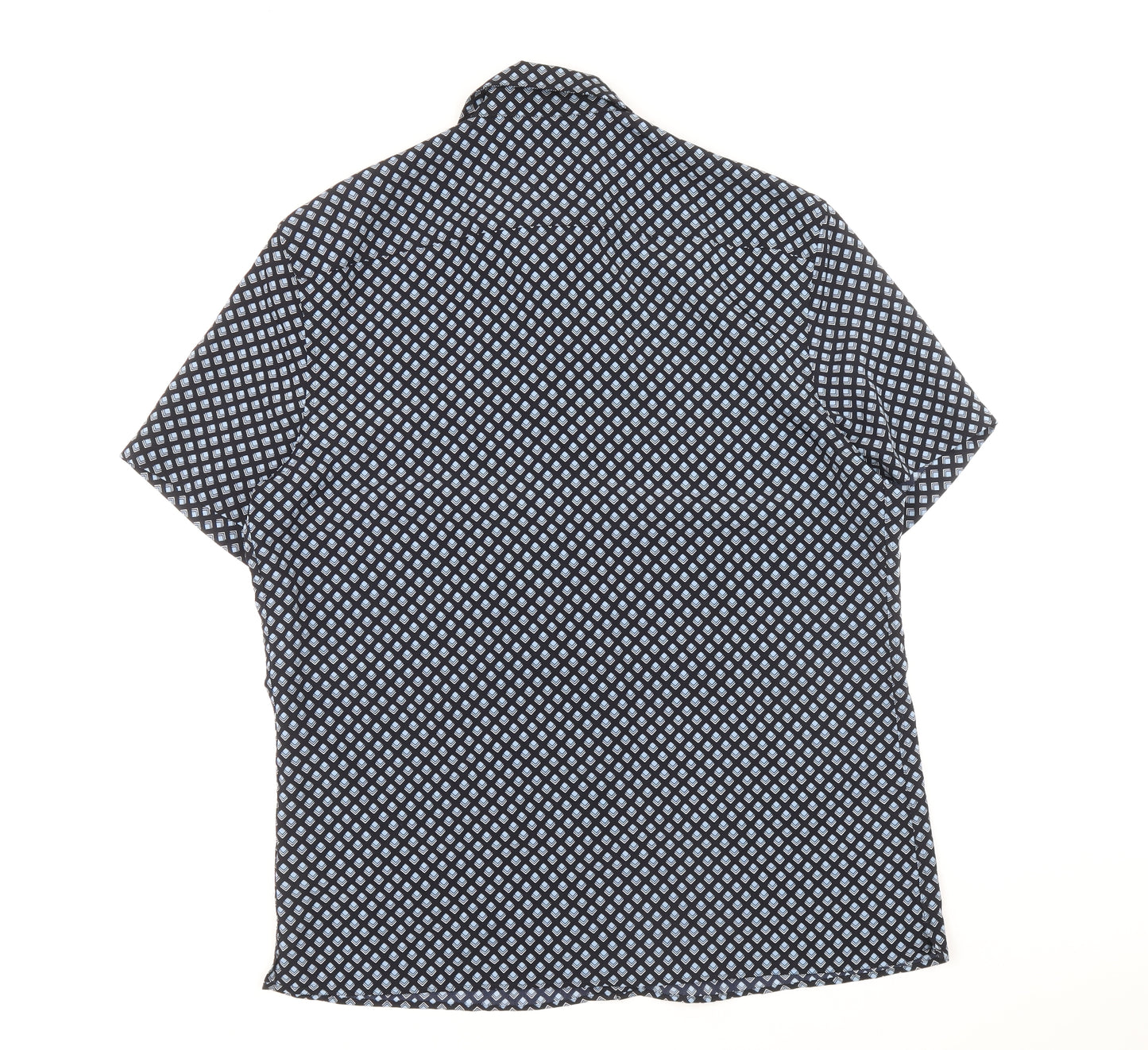 Marks and Spencer Mens Blue Geometric Polyester Button-Up Size L Collared Button