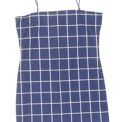 Zaful Womens Blue Check Polyester Mini Size M Square Neck Pullover